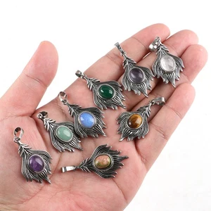 Natural Gemstone Peacock Feathers Necklace Pendant Crystal Healing Reiki Stone - Picture 1 of 36