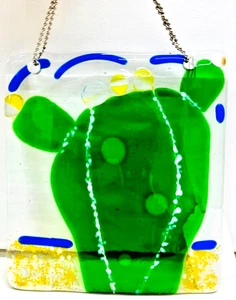 Handmade Fused Glass Hanging Wall Art Clear with Blue & Yellow Accents - Picture 1 of 3