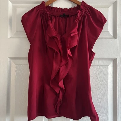Express Women's  Solid V-Neck  Raffle Short Sleeve, Satin Burgundy  Size Small - Image 1 of 4