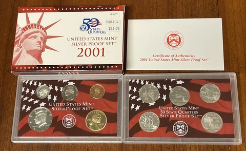 2001-S U.S. MINT SILVER PROOF SET 💥10 Coins & 7 are 90% SILVER💥 w/BOX & COA Cover