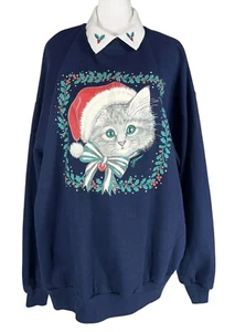 VINTAGE KITTY CAT CHRISTMAS SWEAT SHIRT SWEATER GRANNY CORE HOLIDAYS WHIMSICAL - Picture 1 of 15