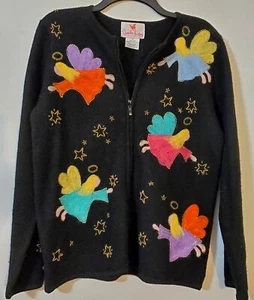 Quaker Factory Wool Black Sweater Cardigan Beaded Appliqué Angels Zip L - Picture 1 of 10