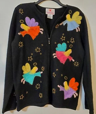 Quaker Factory Wool Black Sweater Cardigan Beaded Appliqué Angels Zip L - Image 1 of 4