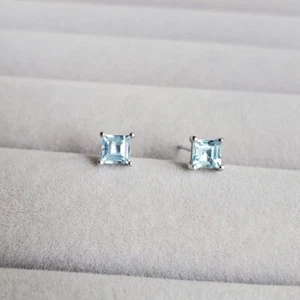 S925 Light Blue Topaz 4x4mm Princess Cut Earrings - Picture 1 of 4