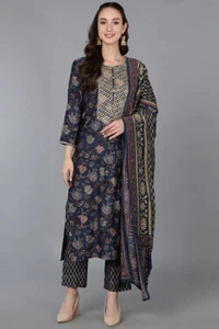 Indian Bollywood Blue Silk Blend Floral Straight Kurta Trousers With Dupatta UK - Picture 1 of 5