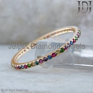 Solid 14k Yellow Gold Band Ring Natural Multi Gemstone Stack Dainty Band Ring - Picture 1 of 14