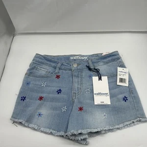 Wallflower Jean Shorts Girls Size 16 Embroidered Flowers Light Wash Cutoffs NWT - Picture 1 of 14