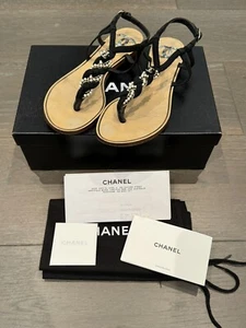 Chanel Pearl-embellished Braided T-strap Sandals Black Size 37 - Picture 1 of 8