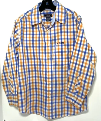 IZOD 男孩 L(8-10) ong 袖纽扣衬衫格子橙色蓝色棉混纺 — 第 1/4 张图片