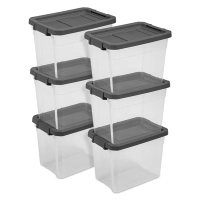Sterilite 30 Qt Clear Plastic Stackable Storage Bin with Grey Latch Lid, 6 Pack - Image 1 of 4