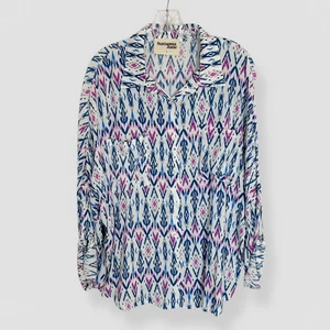 Savanna Jane Größe Large blau lila geometrisches Muster Rollriegelärmel Knopfleiste Freizeit - Bild 1 von 8