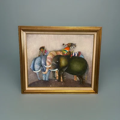 Pintura al óleo sobre lienzo Joyce Roybal elefantes y 3 personas, enmarcada (rara) Foto 1 de 4