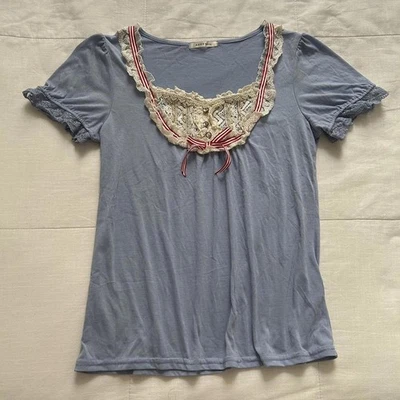 Axes femme Blue and white lace top with red striped ribbon detail - Image 1 of 4