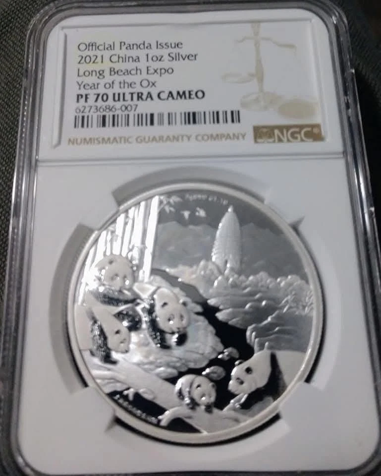China 2021 Silver 1oz Panda, Long Beach Expo,  Lunar year of the Ox,  NGC PF70 - Image 1 of 2