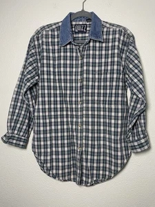 90s Vintage Blue Green Plaid Button Up Denim Collar Womens Small - Picture 1 of 6