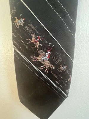 Vintage Via Re Designer Mens Black Skinny Neck Tie 54”x3” Rugby Horses Striped - Image 1 of 4