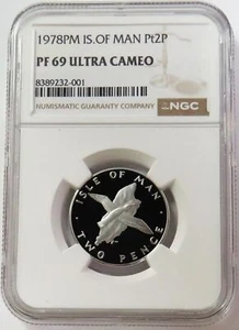 1978 PM PLATINUM 600 MINTAGE ISLE OF MAN 2 PENCE NGC PROOF 69 ULTRA CAMEO - Picture 1 of 3