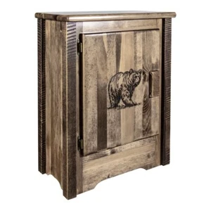 Montana Woodworks Homestead Pine Wood Accent Cabinet with Engraved Bear in Brown - Picture 1 of 6