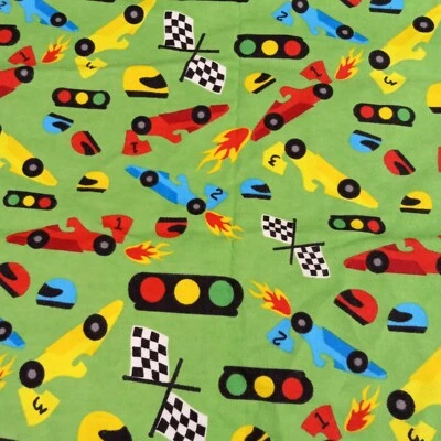 Green Race Cars Brushed Cotton Snuggle Flannel Jo-Ann Fabric Half Yard - Image 1 of 4
