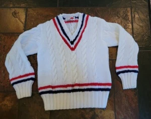 Handmade By Grandma Youth Small? Cable Knit V-neck Sweater White Red & Blue USA - Picture 1 of 7