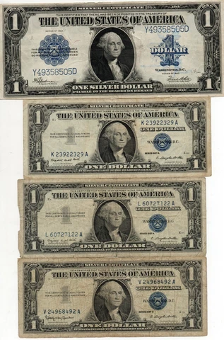 1923 LARGE SIZE $1.00 SILVER CERTIFICATE & 3 Small Bills Cover