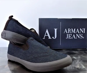 MENS LOGO ARMANI JEANS SLIP ON SNEAKERS SHOES R6582 L6 BLUE DENIM 15    - Picture 1 of 6