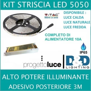 KIT 5050 STRIP LED STRISCIA 5 MT LUCE FREDDA CALDA CON ALIMENTATORE 12V IP65  - Foto 1 di 4