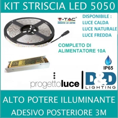 KIT 5050 STRIP LED STRISCIA 5 MT LUCE FREDDA CALDA CON ALIMENTATORE 12V IP65  - Immagine 1 di 4