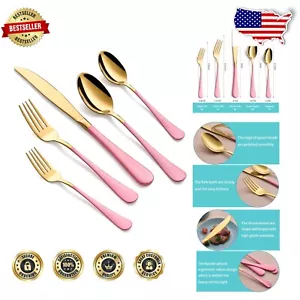 18/0 Stainless Steel 20-Piece Flatware Set for 4 - Stylish Gold and Pink Design - Picture 1 of 11