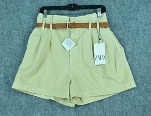 Zara Shorts Women's 10 High Waist Baggy Beige Paperbag Bermuda Belted NWT - Picture 1 of 6
