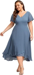 Ever Pretty Plus 20 Dusty Blue Chiffon Ruffle Sleeves Asymmetrical Hem Dress - Picture 1 of 6