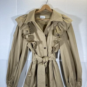 Aura Women’s Trench Coat Sz L Button Down Belted Ruffles Ballon Sleeves Tag - Picture 1 of 13