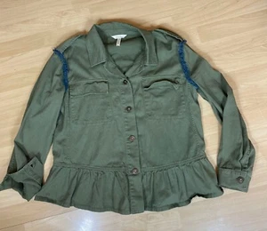 Matilda Jane Green Ruffled Trim Fringe Moments With You Letterman Jacket Large - Picture 1 of 11