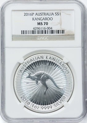 AUSTRALIA  2016-P  "KANGAROO"  $1 SILVER COIN, UNCIRCULATED NGC CERTIFIED MS70 - Image 1 of 2