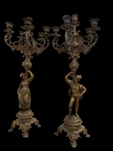 Pareja de candelabros con esculturas EN bronce dorado - siglo XIX - Imagen 1 de 13