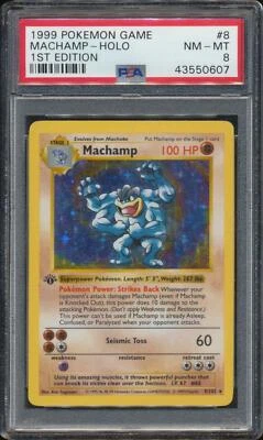 1999 Pokemon Base SHADOWLESS 1st Edition Machamp #8 Holo PSA 8 CENTERED BEAUTY - Image 1 of 2