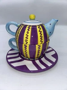CBK, LTD Ceramic Teapot w/ lid & Cup Stackable Colorful 1997 VINTAGE 3 Piece - Picture 1 of 13