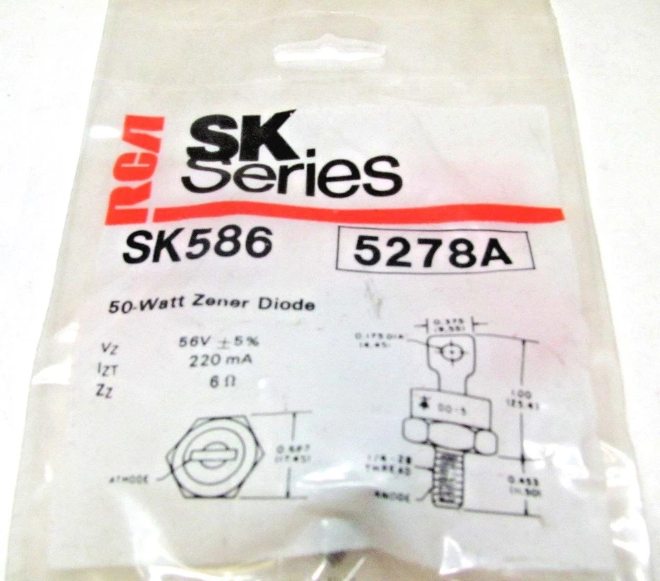 56伏50瓦Zener二极管-±5%公差-DO-5-RCA SK586 NTE5278A — 第 1/1 张图片
