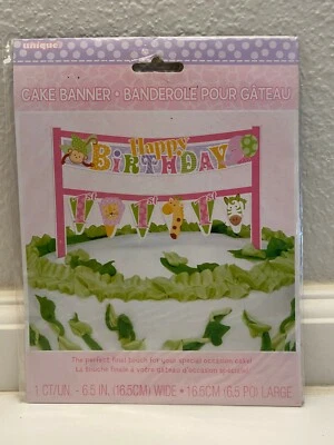 Banner exclusivo feliz aniversário topo de bolo rosa safári 6,5" de largura - Imagem 1 de 3