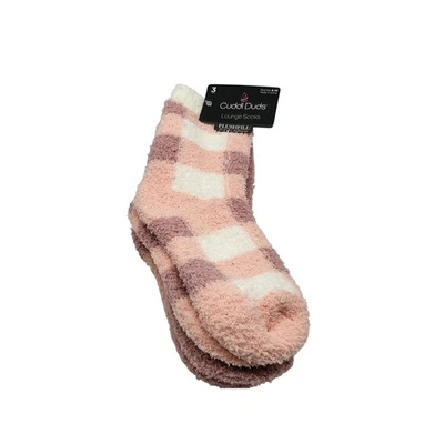 Cuddl Duds Lounge Socks 3 Pair Plushfill Pink White Checkered Shoe Size 4-10 - Image 1 of 3
