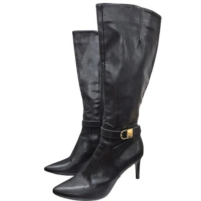 Botas de tacón alto de diseñador de cuero vegano negro CALVIN KLEIN JEMAMINE $230 9,5 Foto 1 de 4
