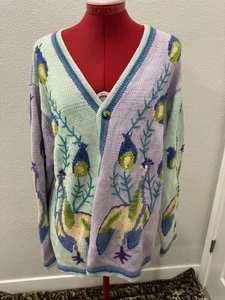 Vtg 90s Storybook Knits Peacock Embroidery Mint Green Purple Cardigan Cabincore - Picture 1 of 9