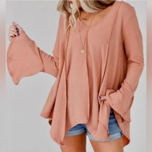 Three Bird Nest Bell Sleeve Top Orange Ribbed Handkerchief Hem Sz S - Picture 1 of 7