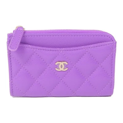 Estuche para monedas de cuero de becerro púrpura CHANEL CC GHW para tarjetas Foto 1 de 4