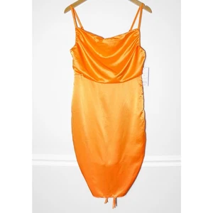 Mini vestido ceñido al cuerpo satinado para mujer corbatas laterales fruncido naranja años 90 Y2K Club Event M - Imagen 1 de 4
