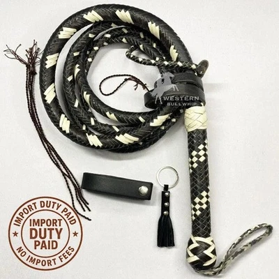 3ft to 14ft White/Black Leather Bullwhip in Kangaroo/ Cowhide/ Goat Leather. - Image 1 of 4