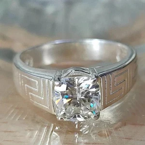 2Ct Cushion Lab-Created Diamond Cluster Men's Pinky Ring 14K White Gold Plated - Picture 1 of 5
