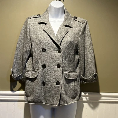 Chaqueta CAbi #393 Abrigo Guisante Encogido Gris Jaspeado Doble Pecho Botones Medianos M Foto 1 de 4