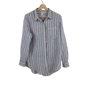 Gap Blue Pink Striped Linen Boyfriend Shirt Women sz S Relaxed Coastal Button Up - Picture 1 of 10