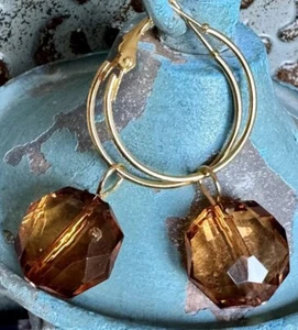Gold Tone Hoop and Vintage Amber Bead Earrings. Light Weight - Picture 1 of 2